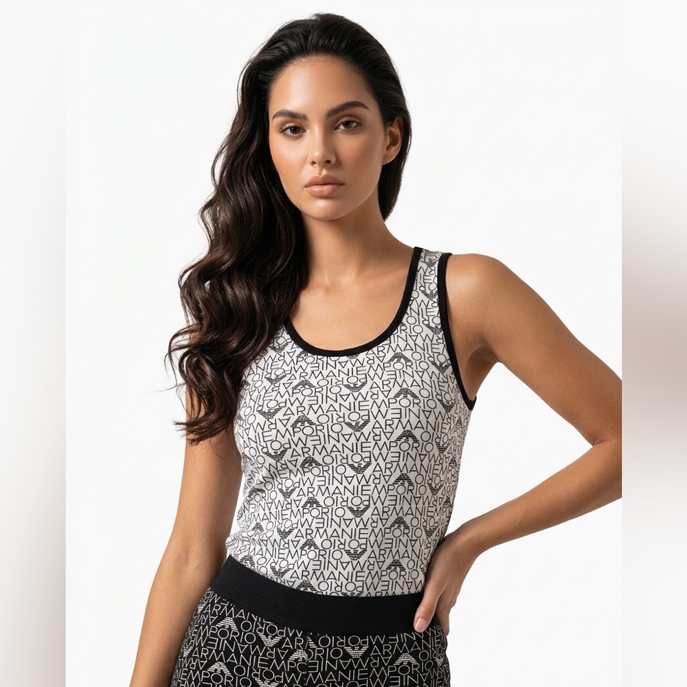 Emporio Armani White Cotton Tank with Black Logo Allover